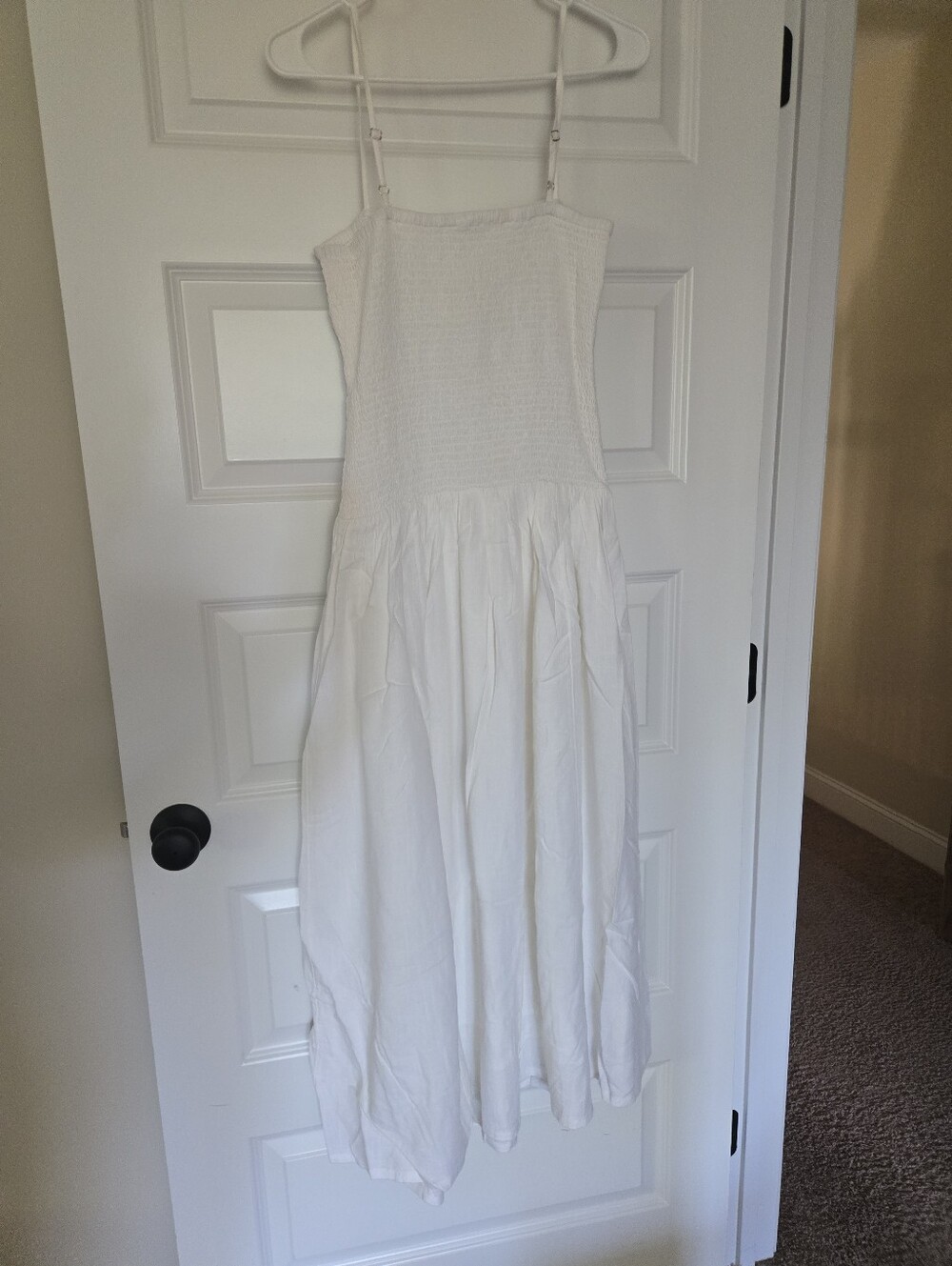 The Drop Florencia White Maxi Linen Dress Square Neck Smocked Spaghetti Strap M